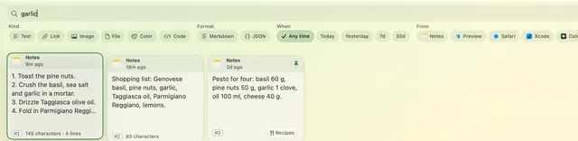 The search field holds the word garlic, above filters for type, date, app and Sensitive, and three matching text clips.