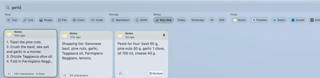 The search field holds the word garlic, above filters for type, date, app and Sensitive, and three matching text clips.