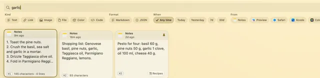 The search field holds the word garlic, above filters for type, date, app and Sensitive, and three matching text clips.