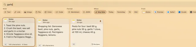 The search field holds the word garlic, above filters for type, date, app and Sensitive, and three matching text clips.