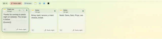 The Pesto night collection is selected, listing a thank-you snippet with a placeholder and its own shortcut, a list of what to bring and the seats.