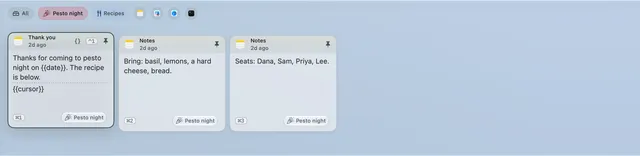 The Pesto night collection is selected, listing a thank-you snippet with a placeholder and its own shortcut, a list of what to bring and the seats.