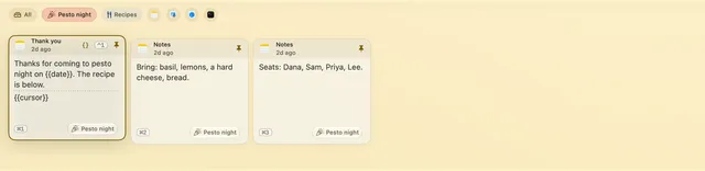 The Pesto night collection is selected, listing a thank-you snippet with a placeholder and its own shortcut, a list of what to bring and the seats.