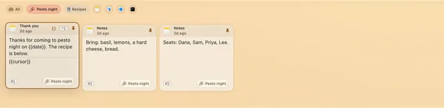 The Pesto night collection is selected, listing a thank-you snippet with a placeholder and its own shortcut, a list of what to bring and the seats.