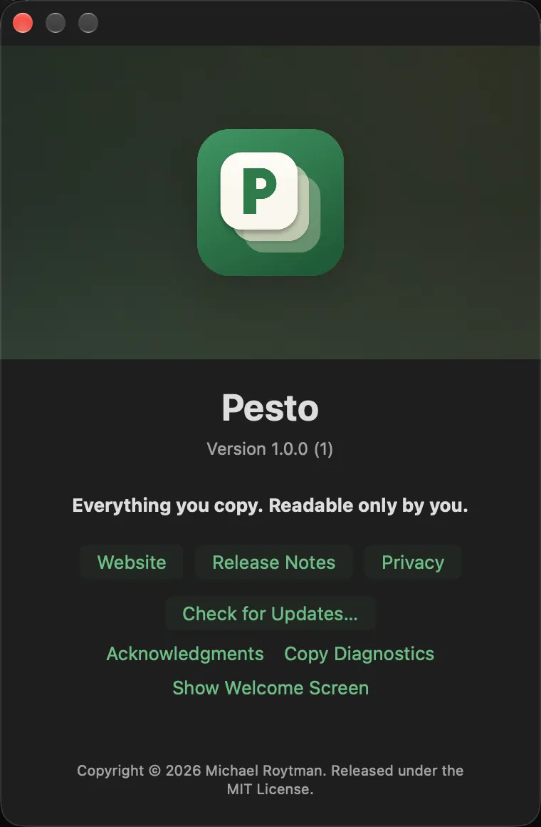 The About window: Pesto’s version, links and copy of the diagnostics.
