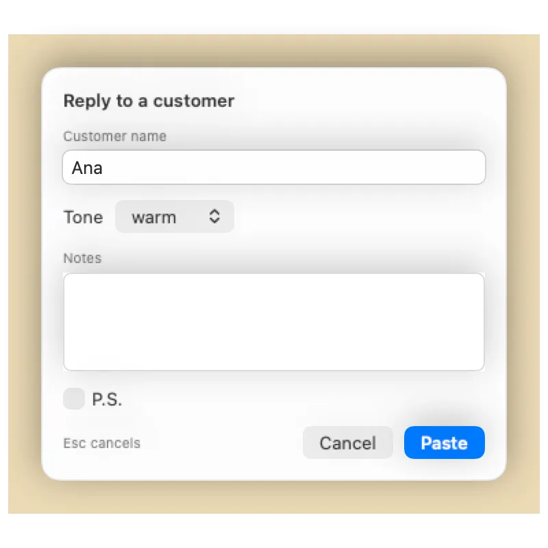 The prompt a snippet shows when it asks for a name, a choice, a note and an optional paragraph.