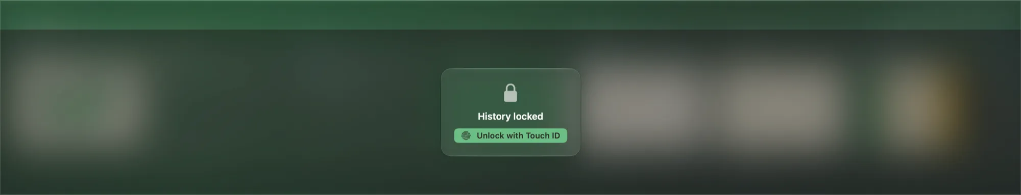 The shelf blurred behind a “History locked” panel with an Unlock with Touch ID button.