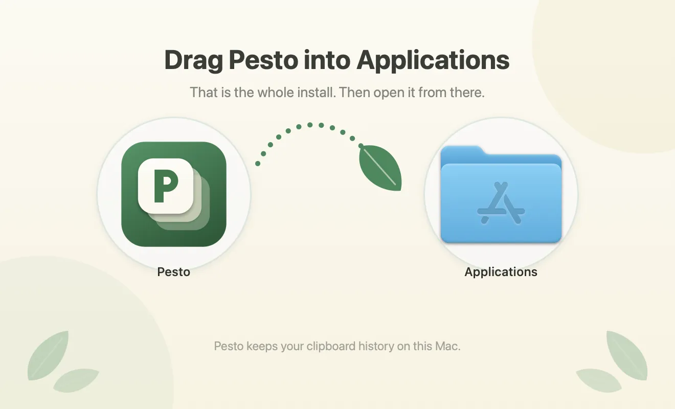 The installer window headed Drag Pesto into Applications, with a dotted arrow from Pesto’s icon to the Applications folder.