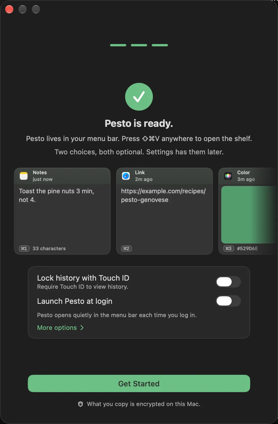 Pesto’s last setup step, showing the Touch ID and Launch Pesto at login choices and a Get Started button.