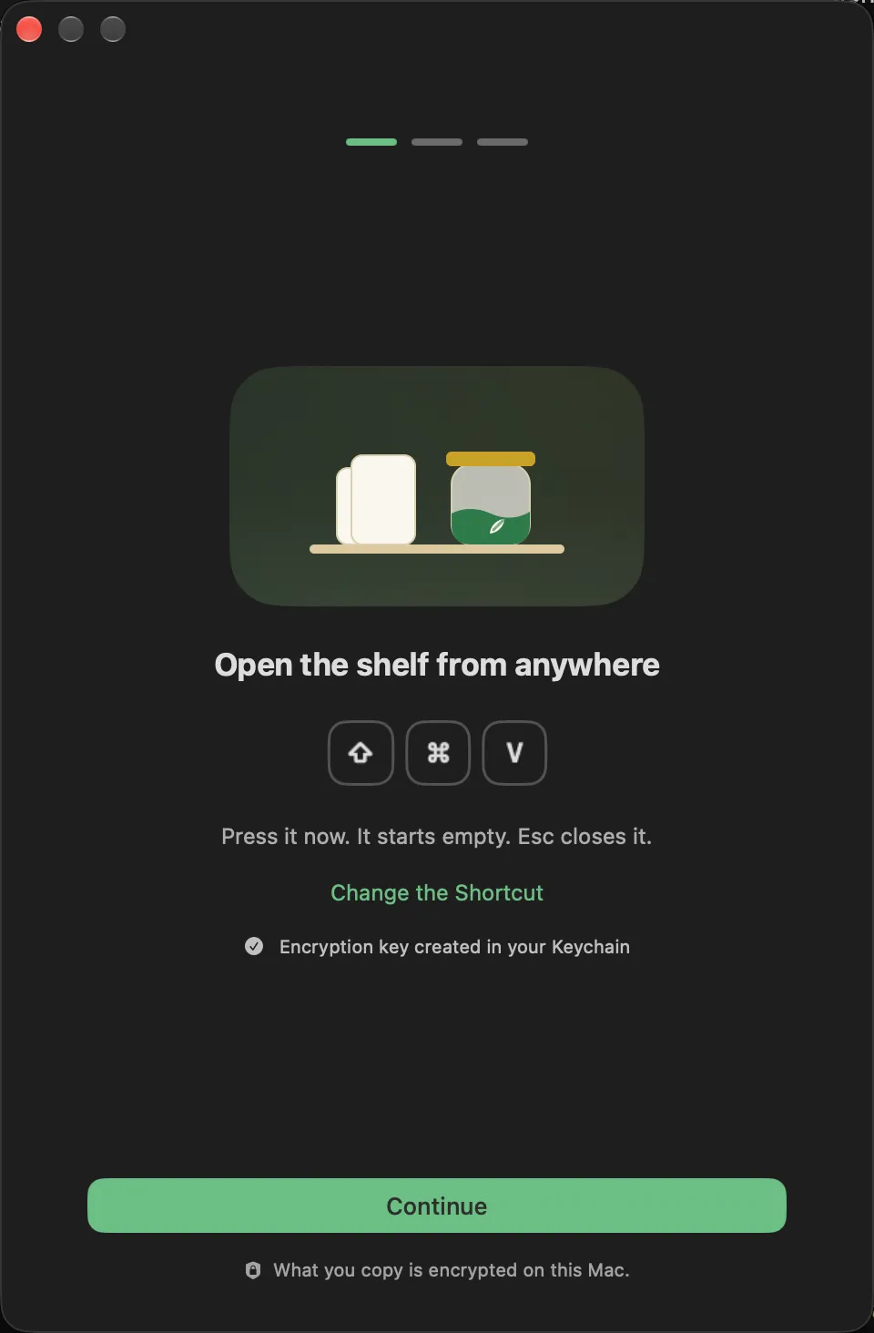 Pesto’s first setup step, Open the shelf from anywhere, showing the shortcut as keys and a Continue button.