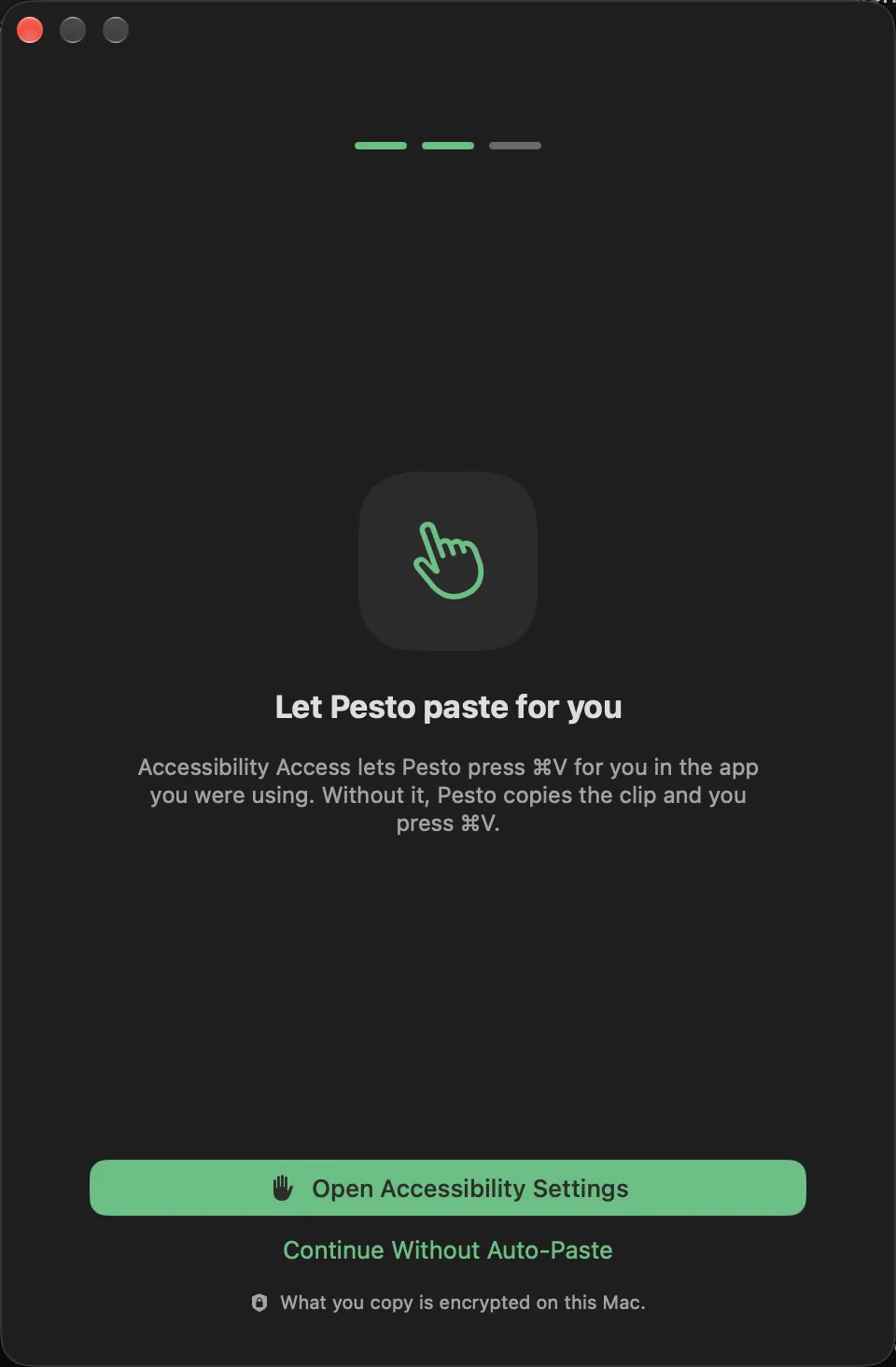 Pesto’s first-run setup window on its second step, Allow pasting, with a three-part progress bar.