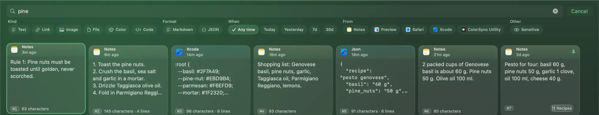 The shelf narrowed to matching clips as a search is typed.