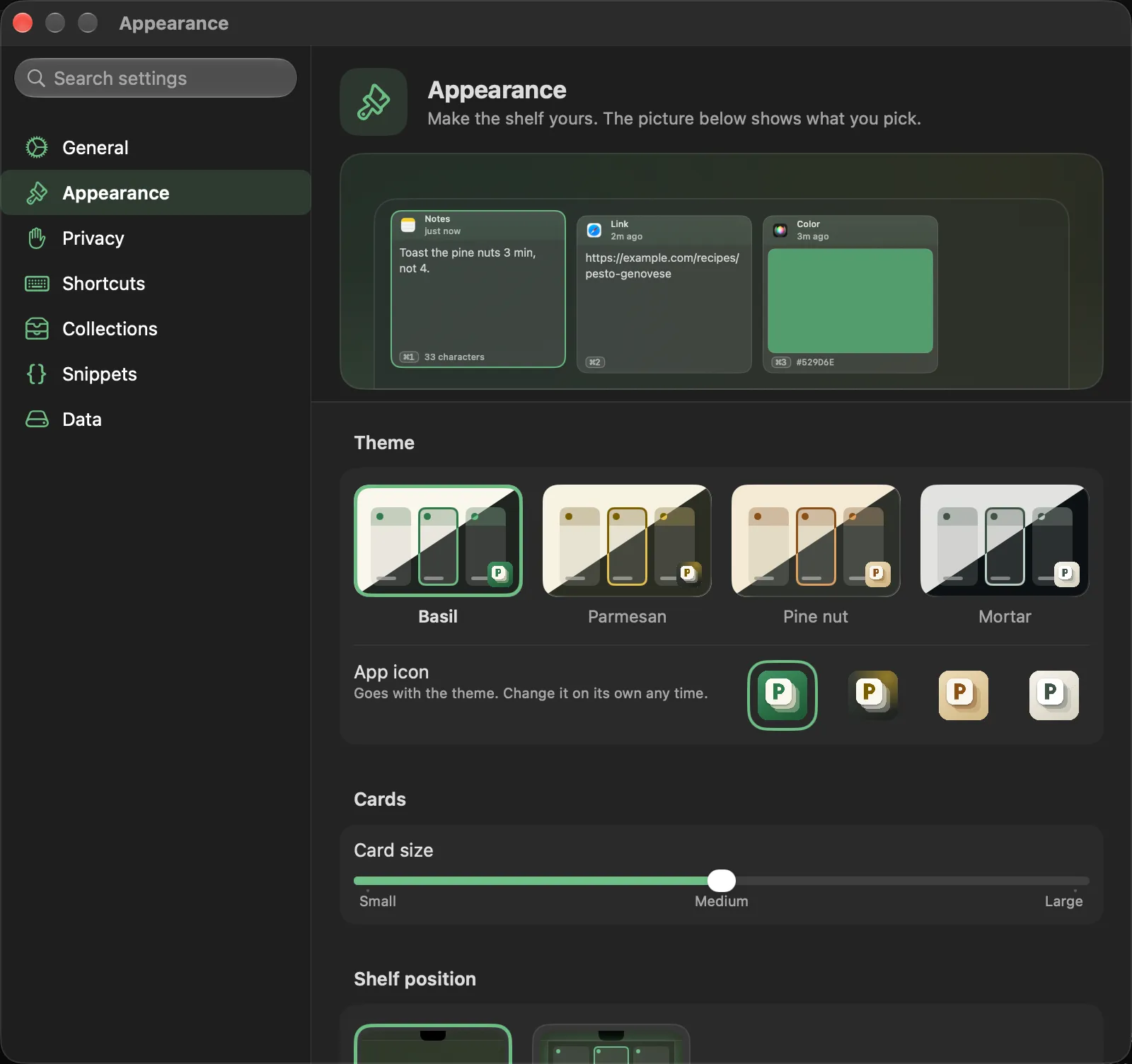 The Appearance pane: the theme, accent color, app icon and card size choices.