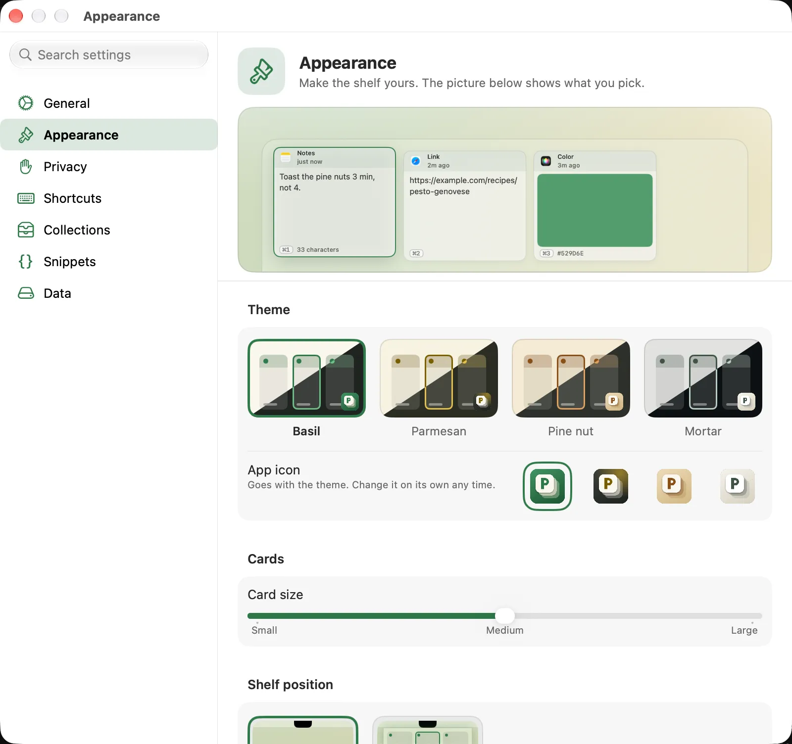 The Appearance pane: the theme, accent color, app icon and card size choices.