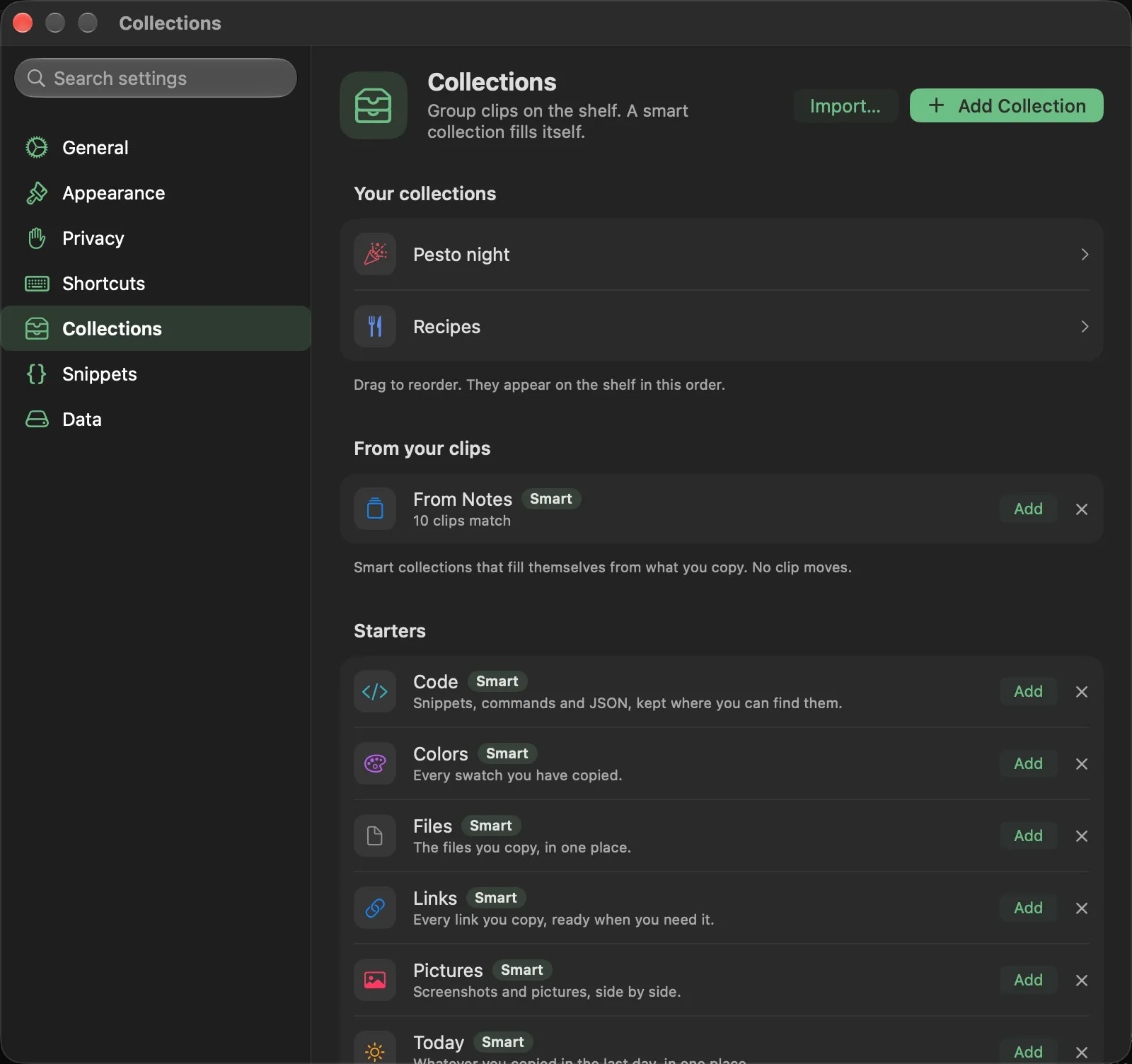 The Collections pane: the list of collections, with a button to create one.
