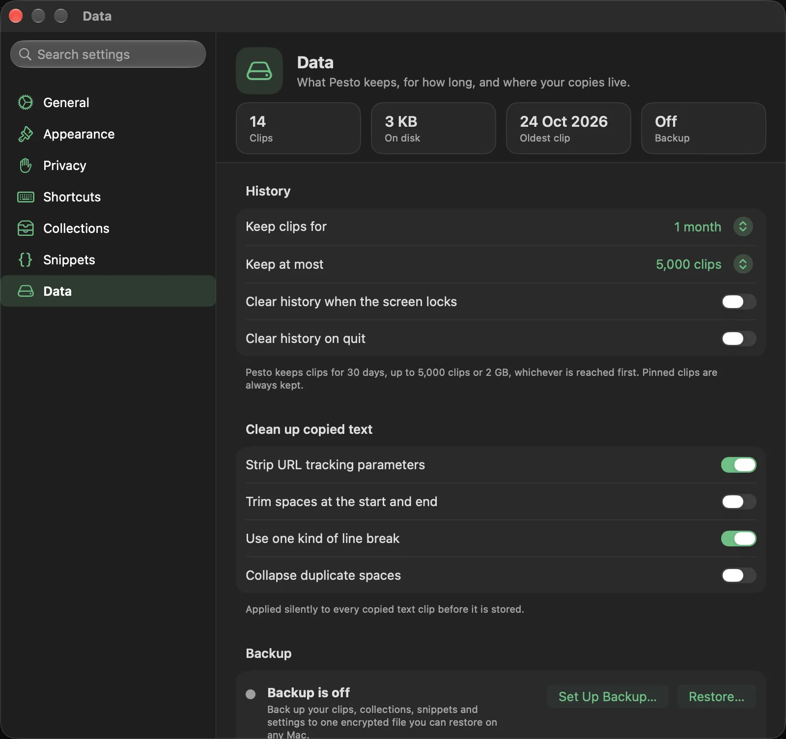 The Data pane: backup, import from another app, export, and Clear Everything.