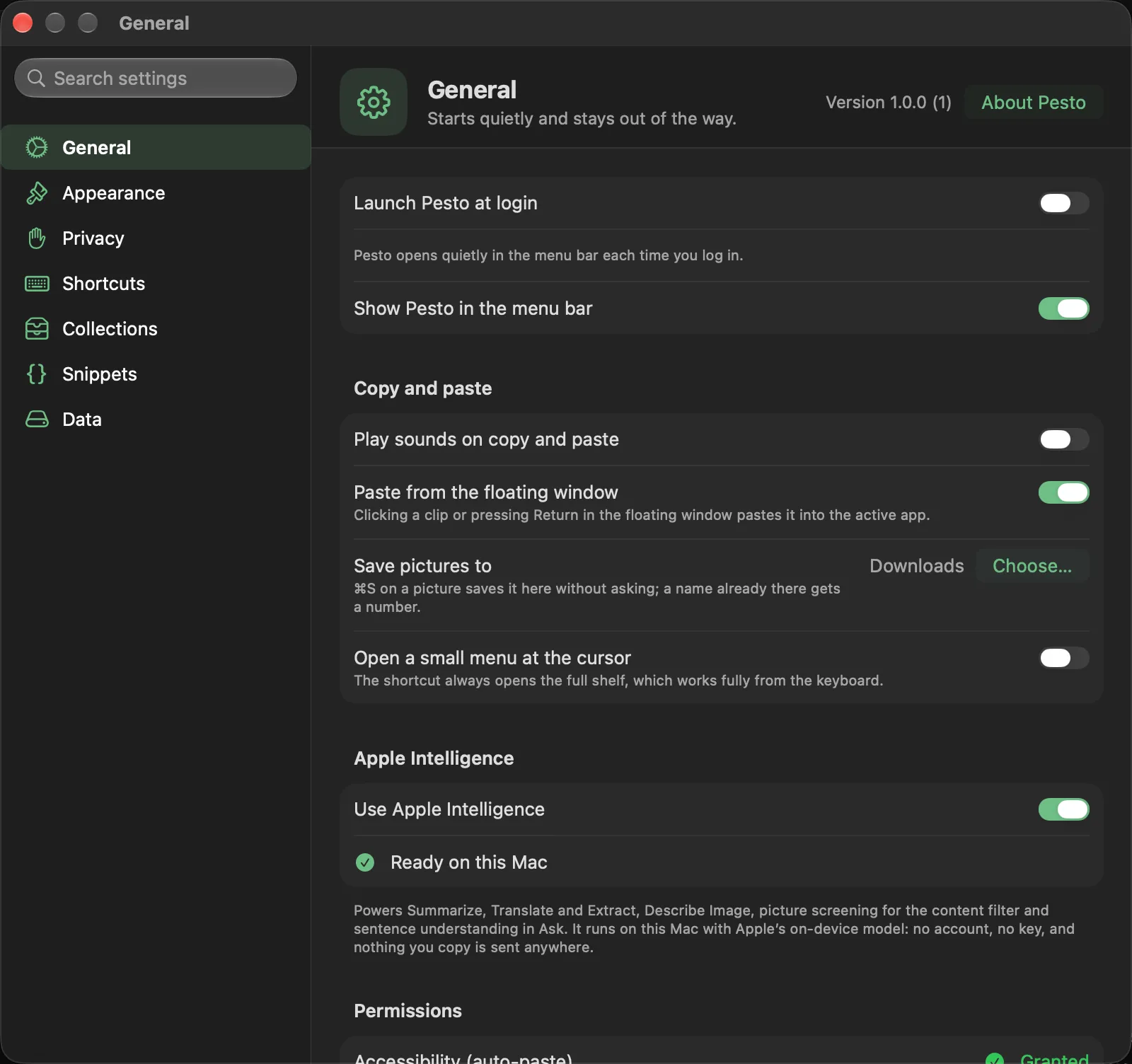 The General pane of Pesto’s settings: launch at login, the menu bar icon, how the shelf opens and update checks.