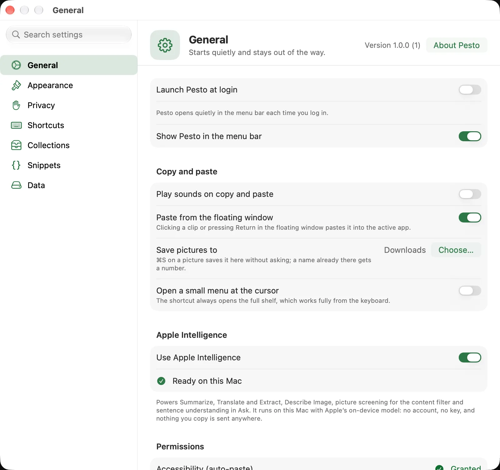 The General pane of Pesto’s settings: launch at login, the menu bar icon, how the shelf opens and update checks.