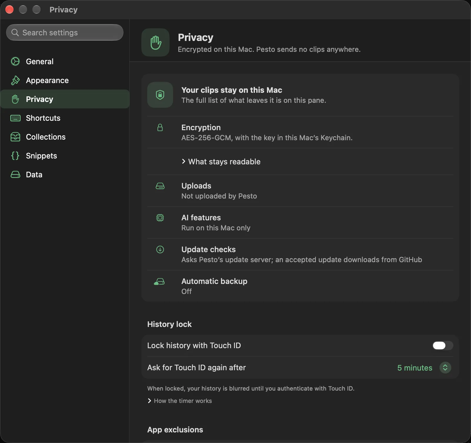 The Privacy pane: the history lock, apps Pesto ignores, and what is blurred or kept hidden.