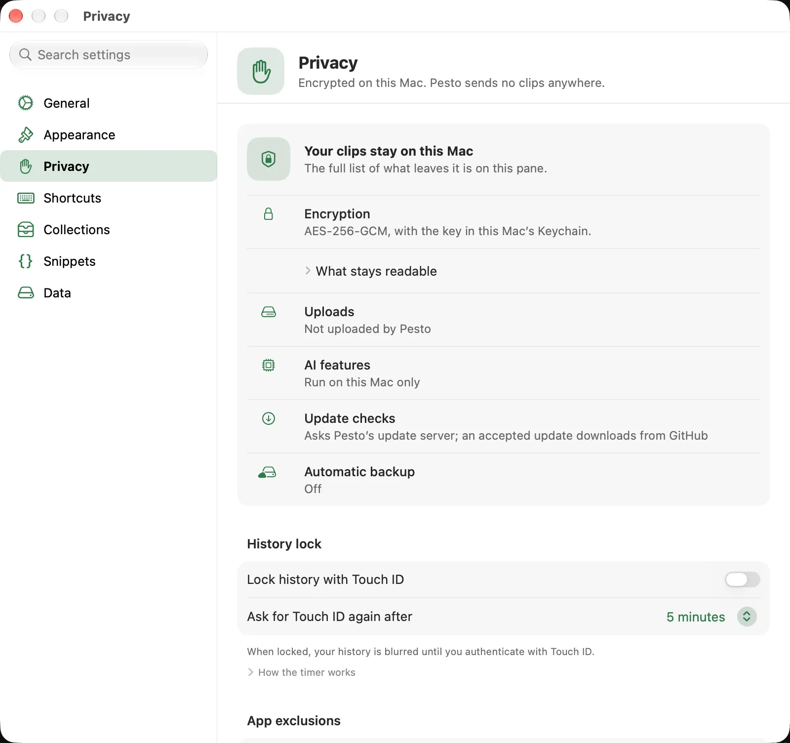 The Privacy pane: the history lock, apps Pesto ignores, and what is blurred or kept hidden.