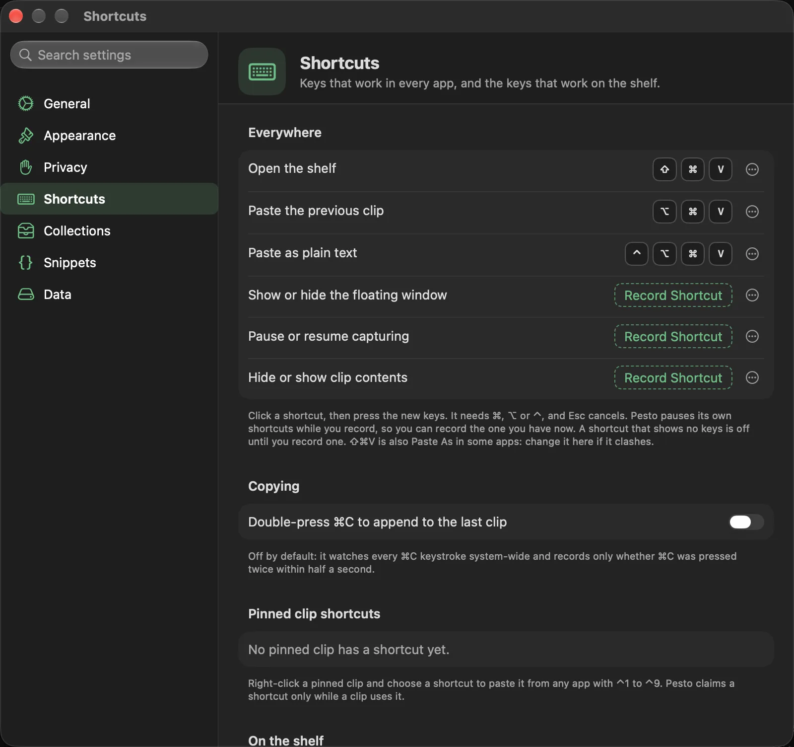 The Shortcuts pane: a recorder for each global shortcut, with the keys of the shelf listed below.