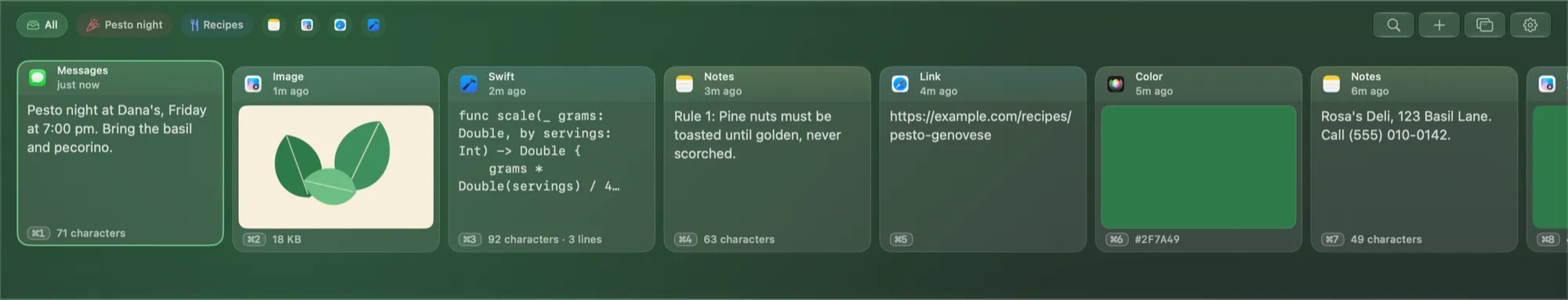The Pesto shelf, a row of clip cards along the bottom of the screen.