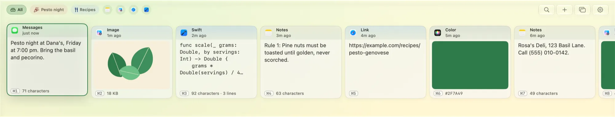 The Pesto shelf, a row of clip cards along the bottom of the screen.